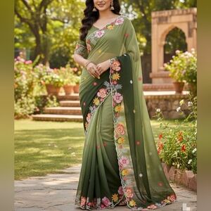 Elegant Green Floral Embroidered Saree